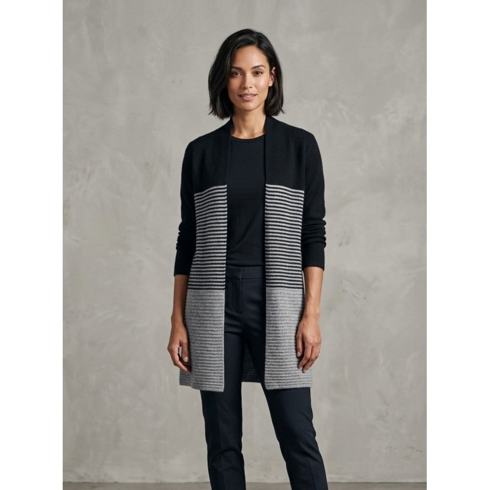 ELLE Colorblock Striped Open Front Longline Cardigan Sweater Black Grey XS